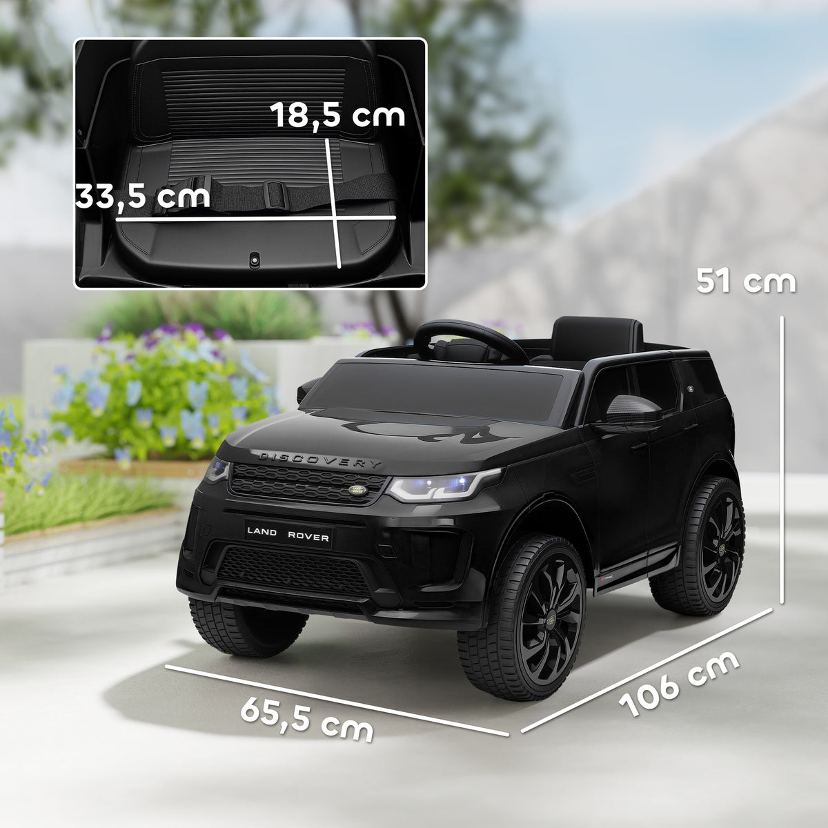 Land Rover Discovery Sport lasten sähköauto 12V – musta, kauko-ohjattava, valot ja musiikki