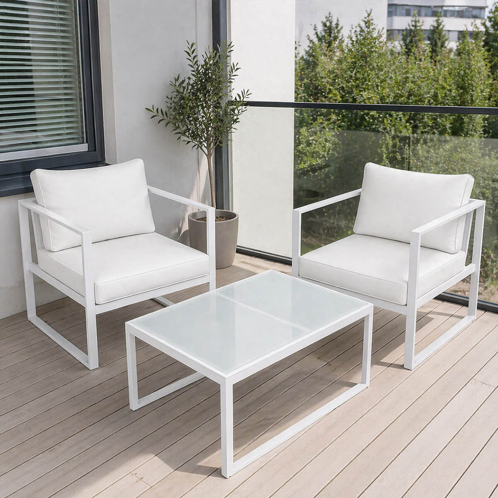 Ulkokalustesetti, 2 tuolia+ pöytä, 10 cm pehmusteet, valkoinen / vaalea beige