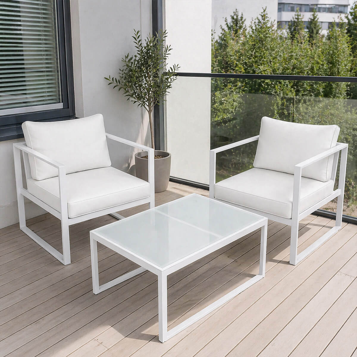 Ulkokalustesetti, 2 tuolia+ pöytä, 10 cm pehmusteet, valkoinen / vaalea beige