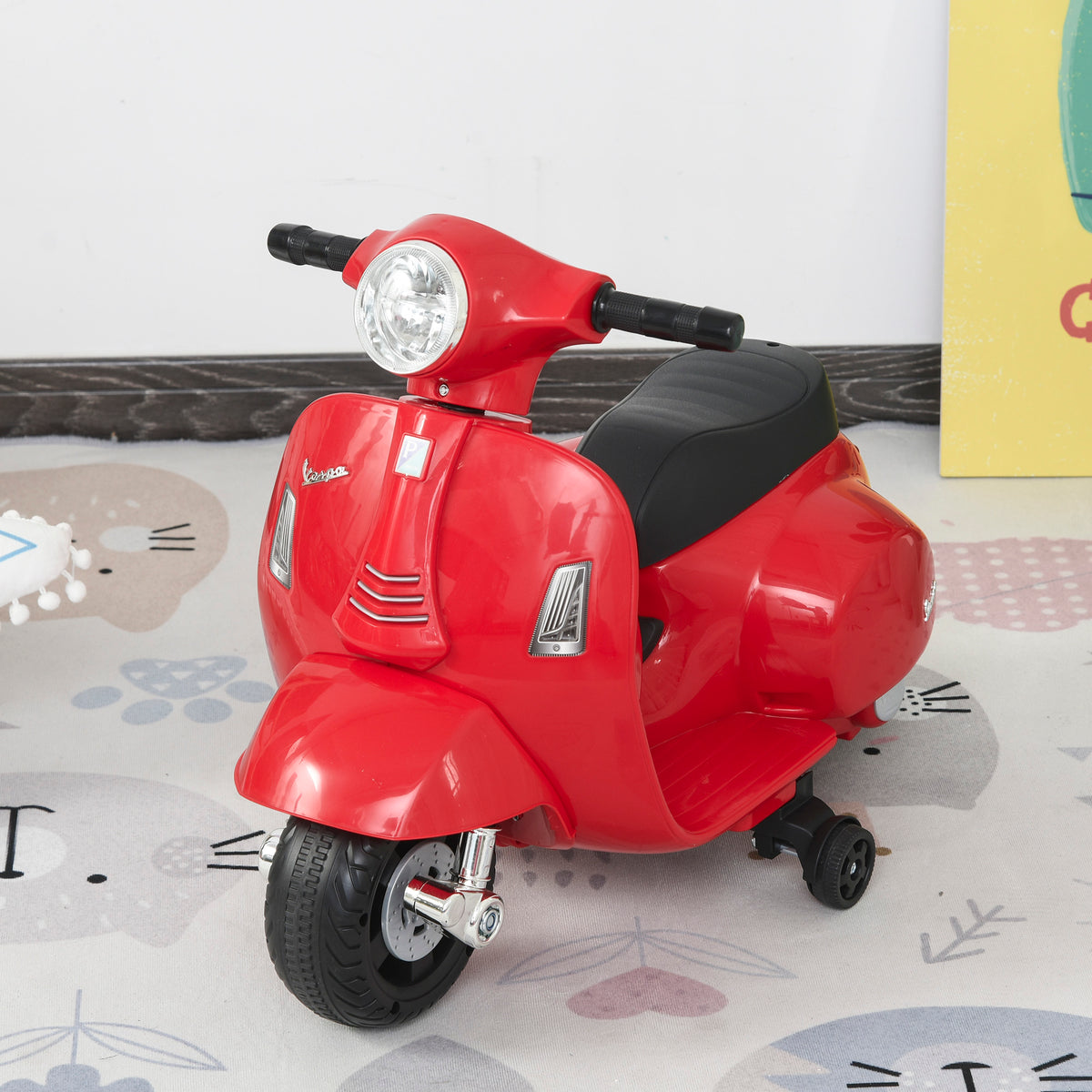 Lasten sähkömopo Vespa 6V irrotettavilla tukipyörillä, ajovalo ja äänitorvi, 1,5–3 v, punainen