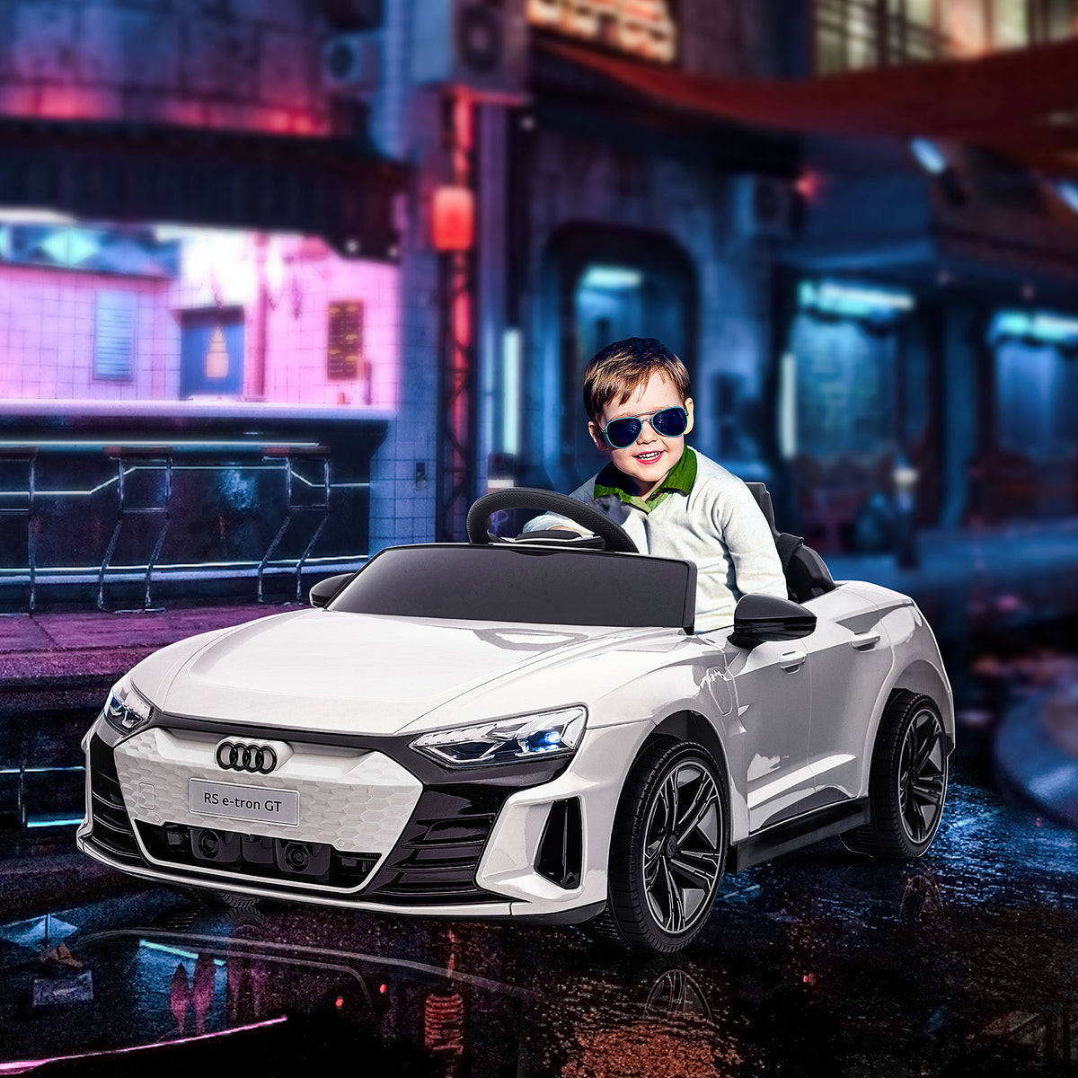 Lasten sähköauto Audi RS e-tron GT, kaukosäädin, turvavyö ja valot, 3–5 v, valkoinen