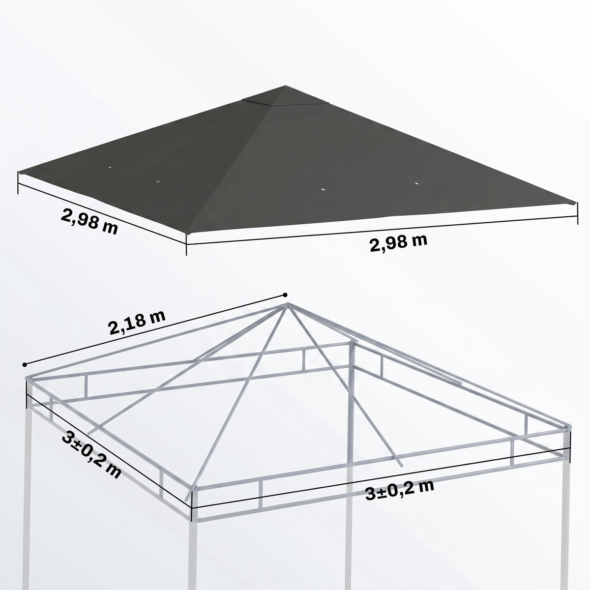 Paksu varakatto 3 x 3 m paviljonkiin, Oxford 370 g/m², UPF30+, harmaa