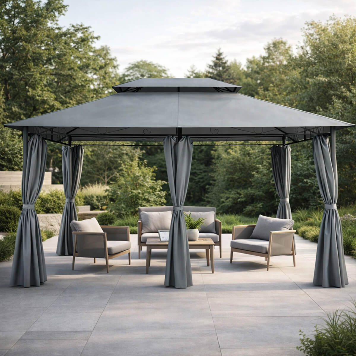 Pihapaviljonki 3 x 4 m – verhot, teräsrunko, PA-päällystetty katto