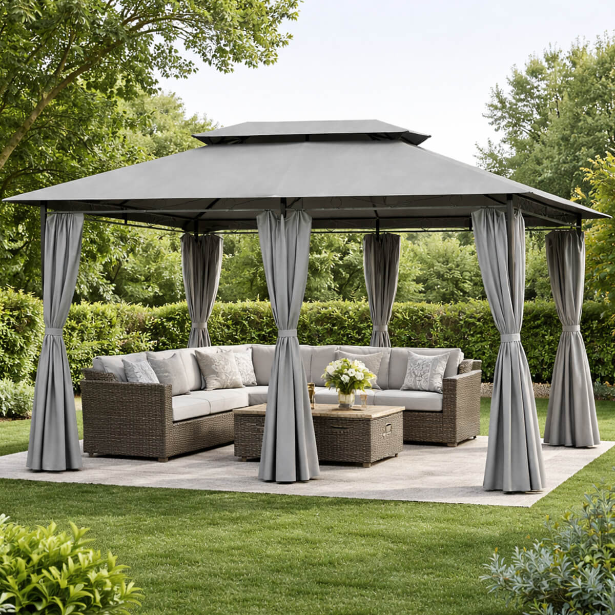 Pihapaviljonki 3 x 4 m – verhot, teräsrunko, PA-päällystetty katto