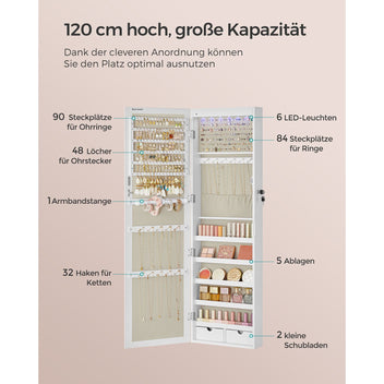 Korukaappi, lukittava seinäkiinnitteinen säilytysyksikkö kaulakoruille ja korvakoruille, peili ja useita lokeroita, valkoinen puukuvioinnilla ja beige