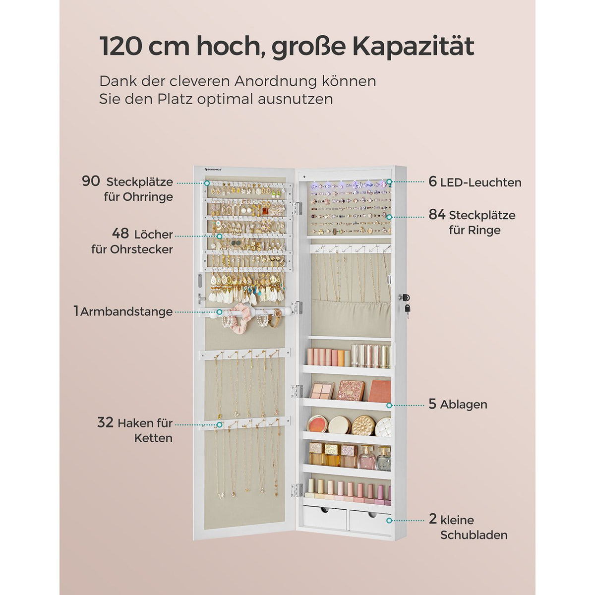 Korukaappi, lukittava seinäkiinnitteinen säilytysyksikkö kaulakoruille ja korvakoruille, peili ja useita lokeroita, valkoinen puukuvioinnilla ja beige