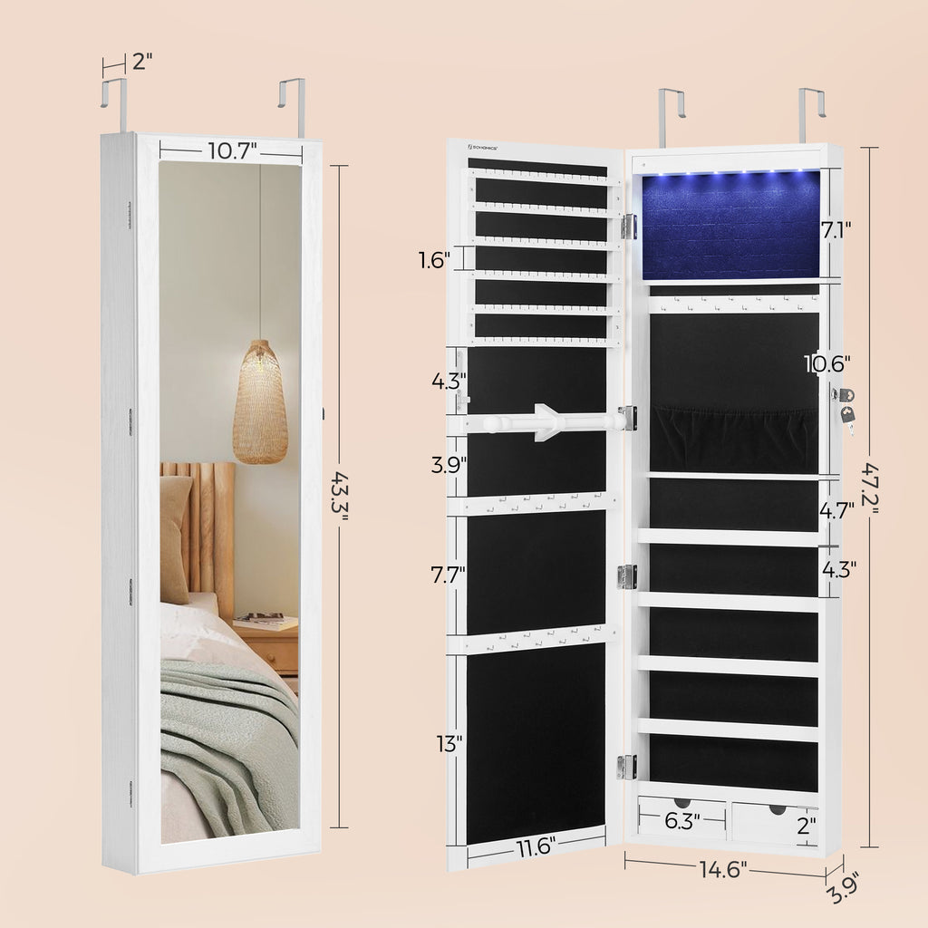 Peilikorukaappi 6 LED-valolla, 120 cm korkea lukittava seinä- tai ovikiinnitteinen korukaappi peilillä ja 2 laatikolla, 10 × 37 × 120 cm, valkoinen