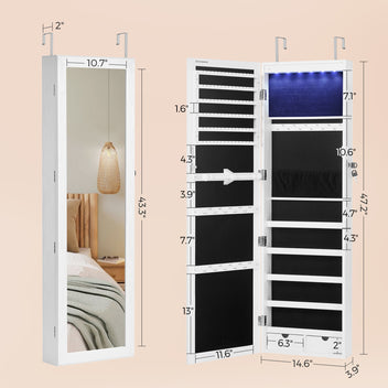 Peilikorukaappi 6 LED-valolla, 120 cm korkea lukittava seinä- tai ovikiinnitteinen korukaappi peilillä ja 2 laatikolla, 10 × 37 × 120 cm, valkoinen