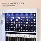 Peilikorukaappi 6 LED-valolla, 120 cm korkea lukittava seinä- tai ovikiinnitteinen korukaappi peilillä ja 2 laatikolla, 10 × 37 × 120 cm, valkoinen