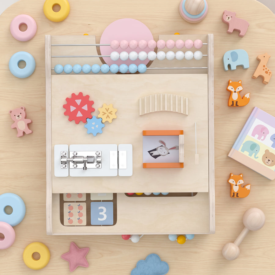 Kävelyvaunu 3-in-1 puusta irrotettavalla kaksipuolisella leikkitaululla, 1–3 v