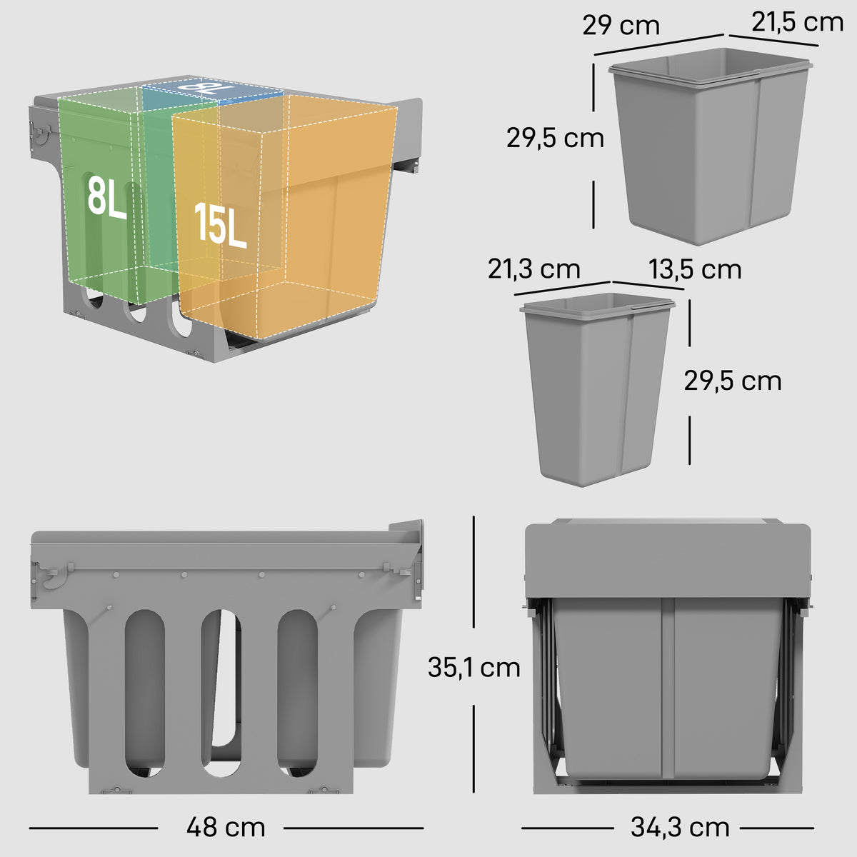 Ulosvedettävä lajitteluroskakori kaappiin 15 + 2 x 8 l, vaimennetut kiskot, vaaleanharmaa