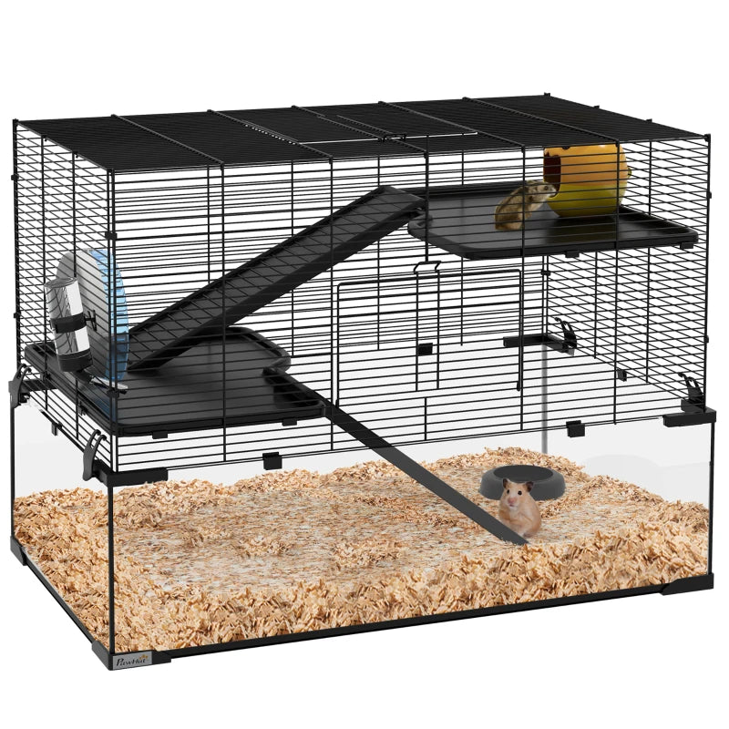 Hamsterbur med glasbotten – 4 våningar, 78,5 x 48,5 x 80 cm