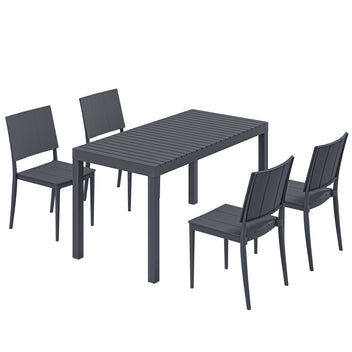 Ruokailuryhmä neljälle pinottavilla tuoleilla, säledesign, 141,5 cm, tummanharmaa
