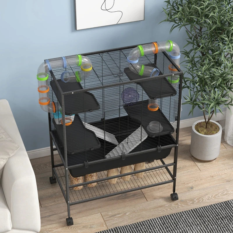 Rymlig hamsterbur med rör och plattformar – träningshjul, hydda och hjul – 109 cm