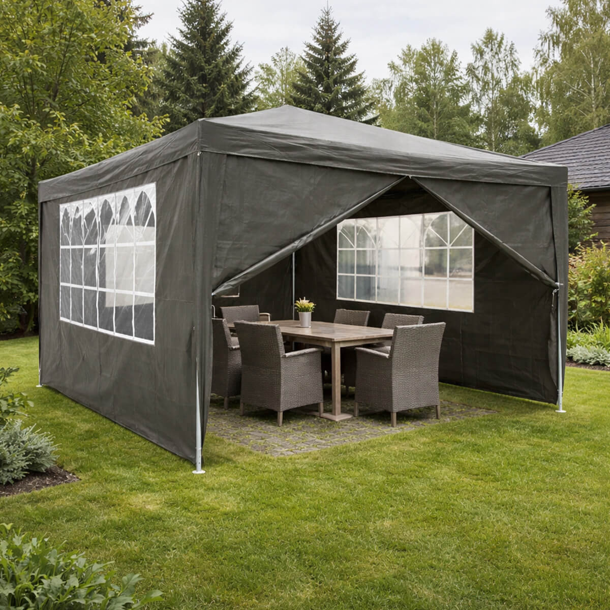 Juhlateltta 3 x 4 m – irrotettavat sivut, PE-kangas, teräsrunko, harmaa
