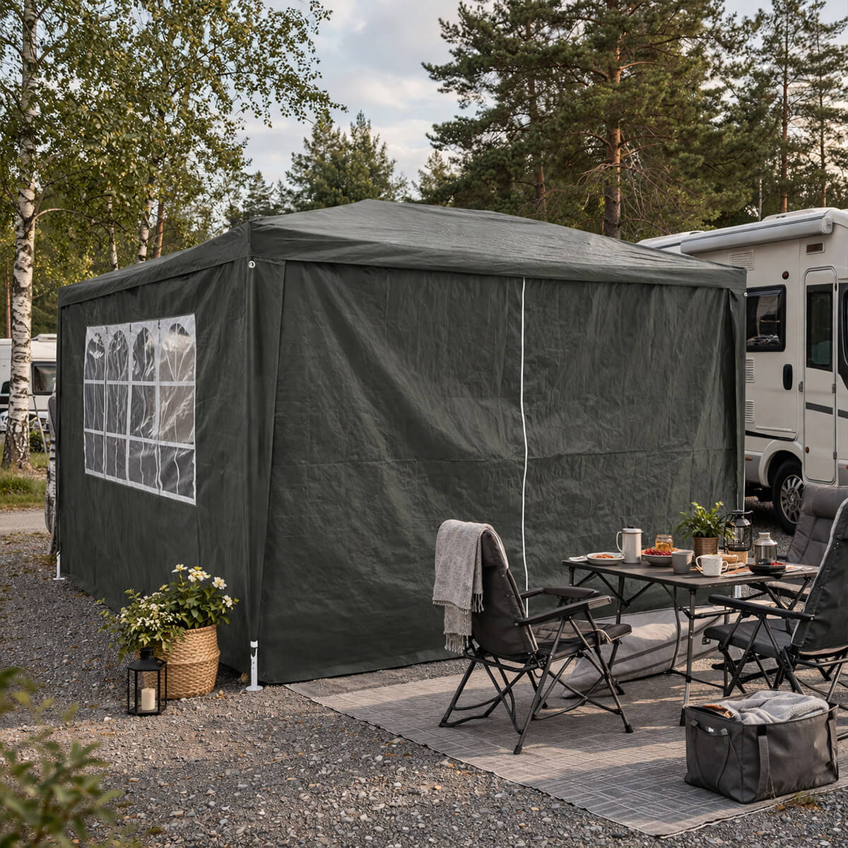 Juhlateltta 3 x 4 m – irrotettavat sivut, PE-kangas, teräsrunko, harmaa