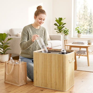 Pullonkeräysastia bambua kannella, 2 x 75 l pussit, yhteensä 150 l, luonnonpuu/beige