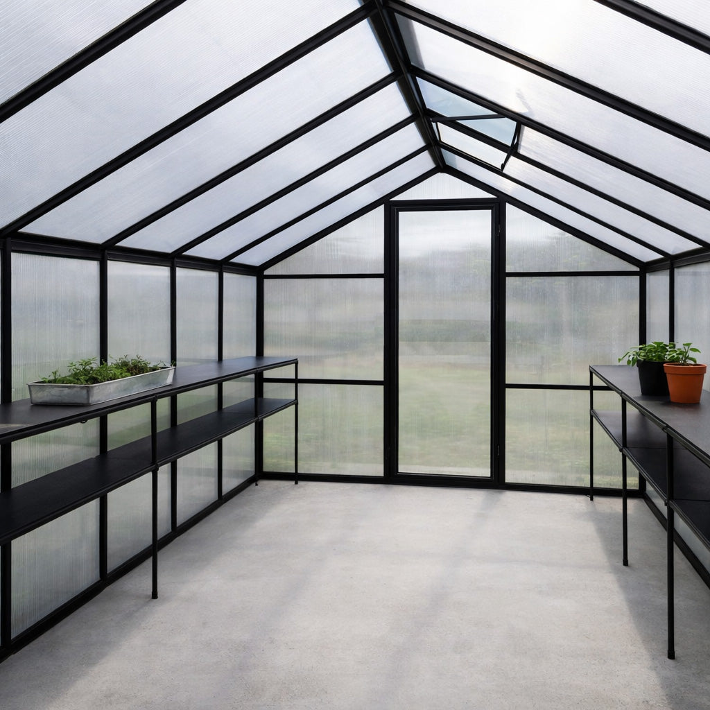 Pohjola Garden Stort växthus 10 m2 + bas och rännor, 4 mm 800 g/m2 bikakepaneler, svart