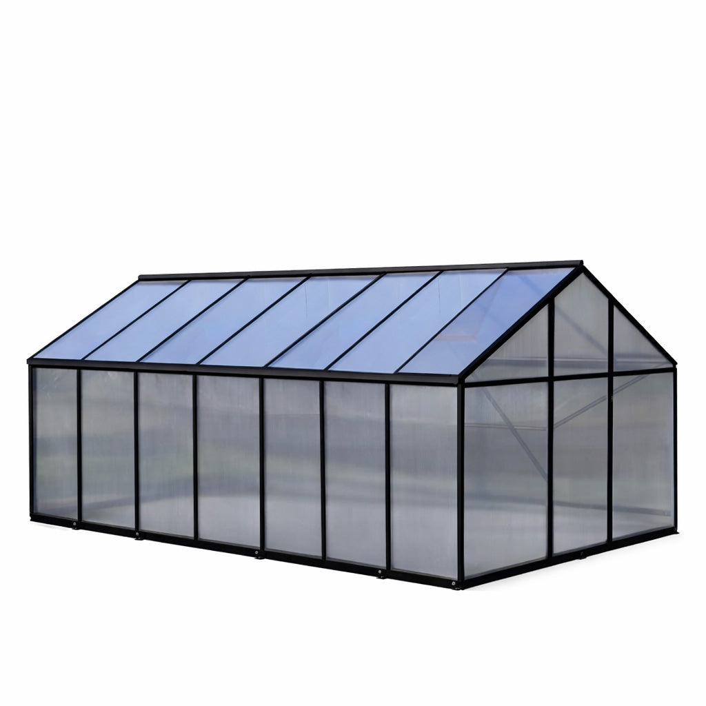 Pohjola Garden Stort växthus 10 m2 + bas och rännor, 4 mm 800 g/m2 bikakepaneler, svart