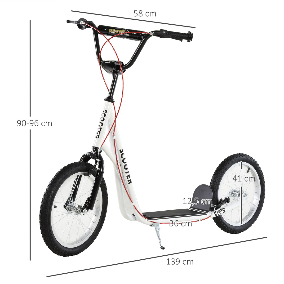 Potkulauta isoilla ilmarenkailla, käsijarru ja takajarru, säädettävä 90–96 cm, 5 v+, valkoinen