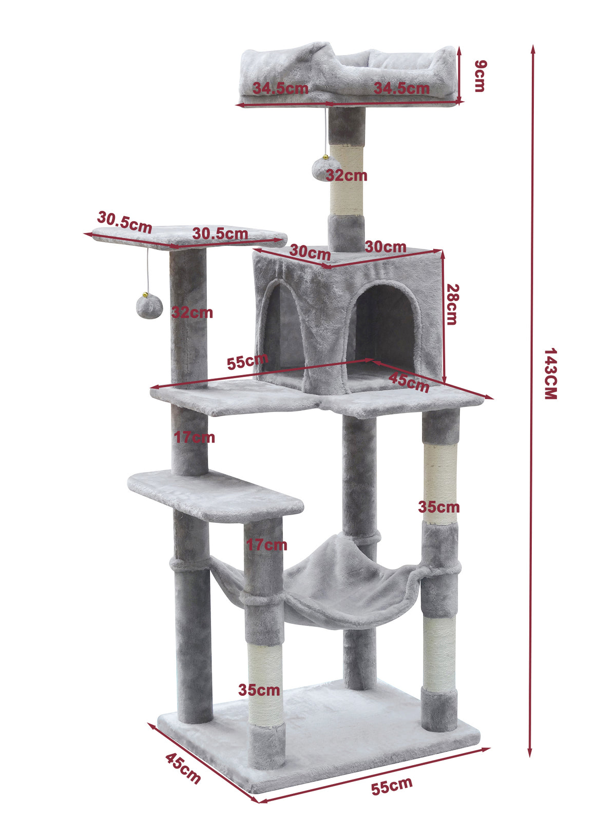 Kattklätterträd 143 cm – hus, hängmatta, 55 x 45 cm
