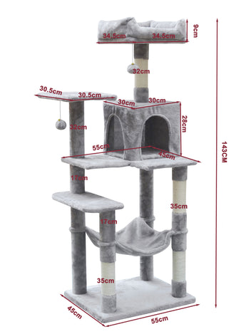 Kattklätterträd 143 cm – hus, hängmatta, 55 x 45 cm