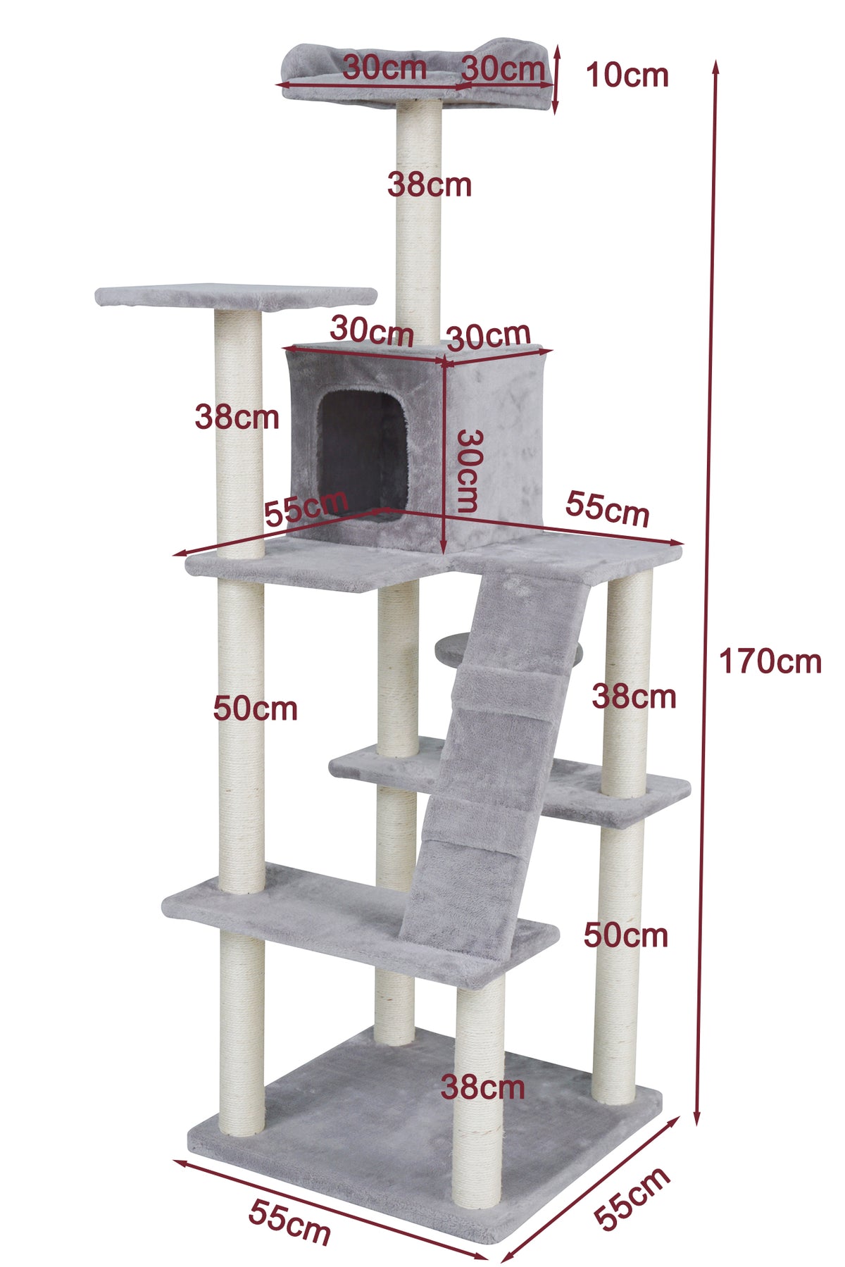 Kattklösbräda 170 cm – 55 x 55 cm botten, 3,4 mm sisal, ljusgrå