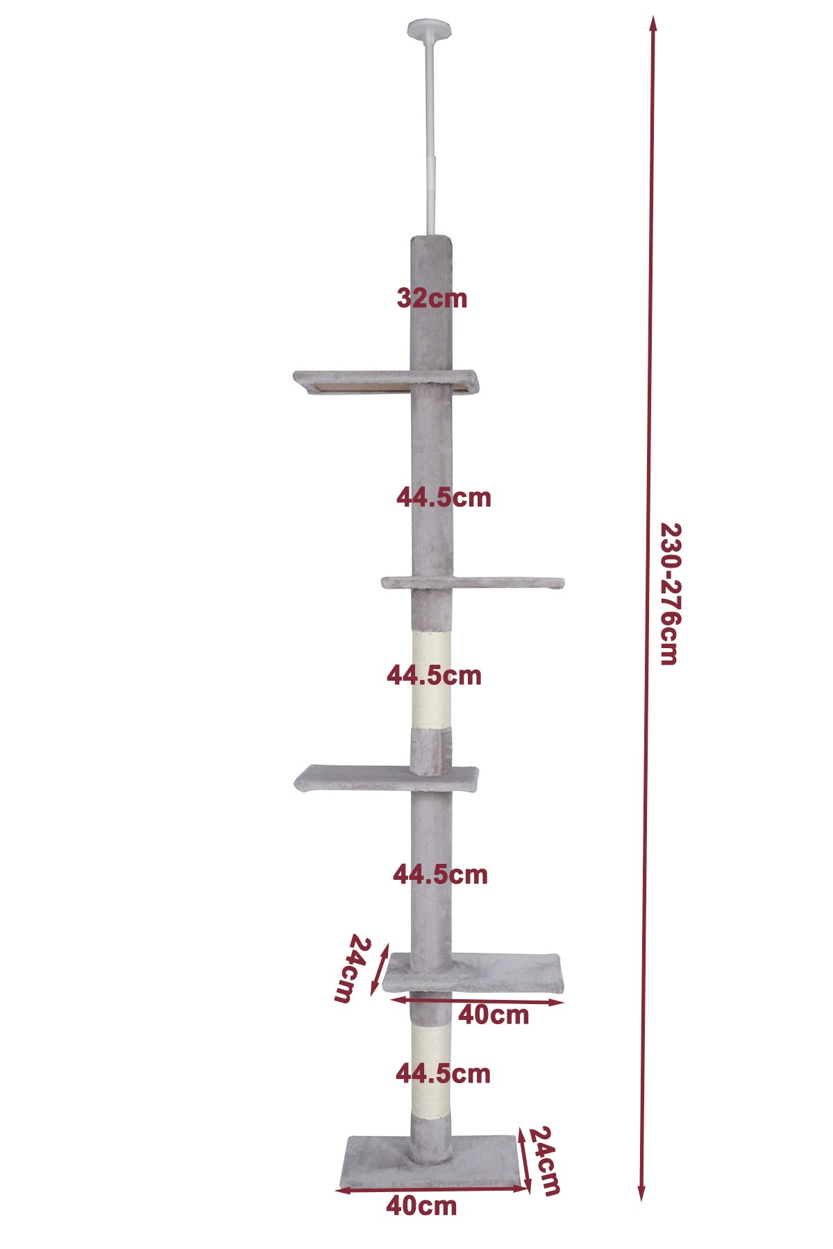 Kissan raapimispuu 229–275 cm – kattotuki, 4 tasoa, vaaleanharmaa
