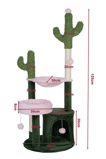 Kissan kiipeilypuu 125 cm – 3 tasoa, riippumatto, 2 sisalpylvästä, vihreä/pinkki