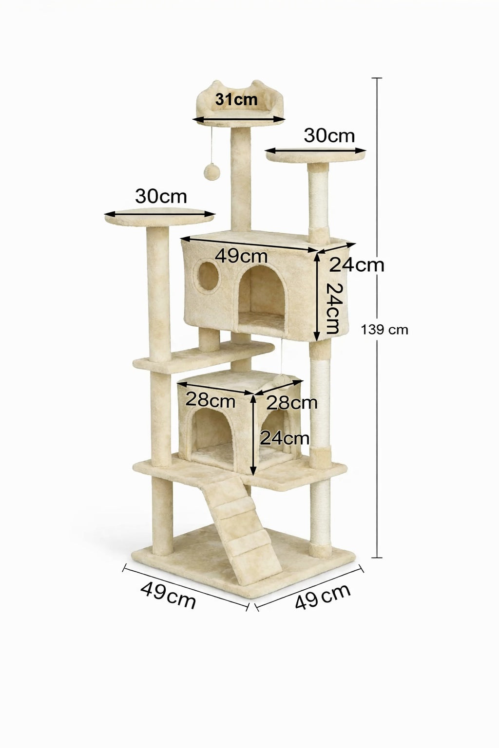 Kissan raapimispuu 139 cm – 2 mökkiä, sisalitolpat, beige