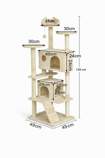 Kissan raapimispuu 139 cm – 2 mökkiä, sisalitolpat, beige