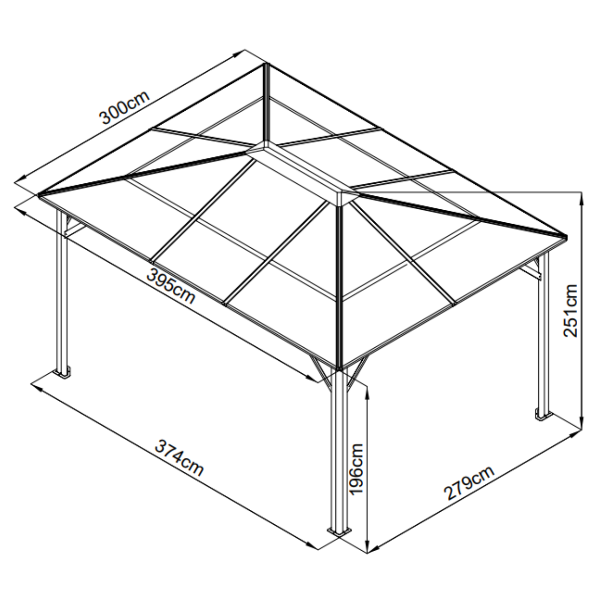 Paviljonki 300 x 395 cm – 6 mm PC-katto, alumiinirunko, 251 cm korkeus