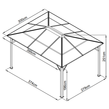Paviljonki 300 x 395 cm – 6 mm PC-katto, alumiinirunko, 251 cm korkeus