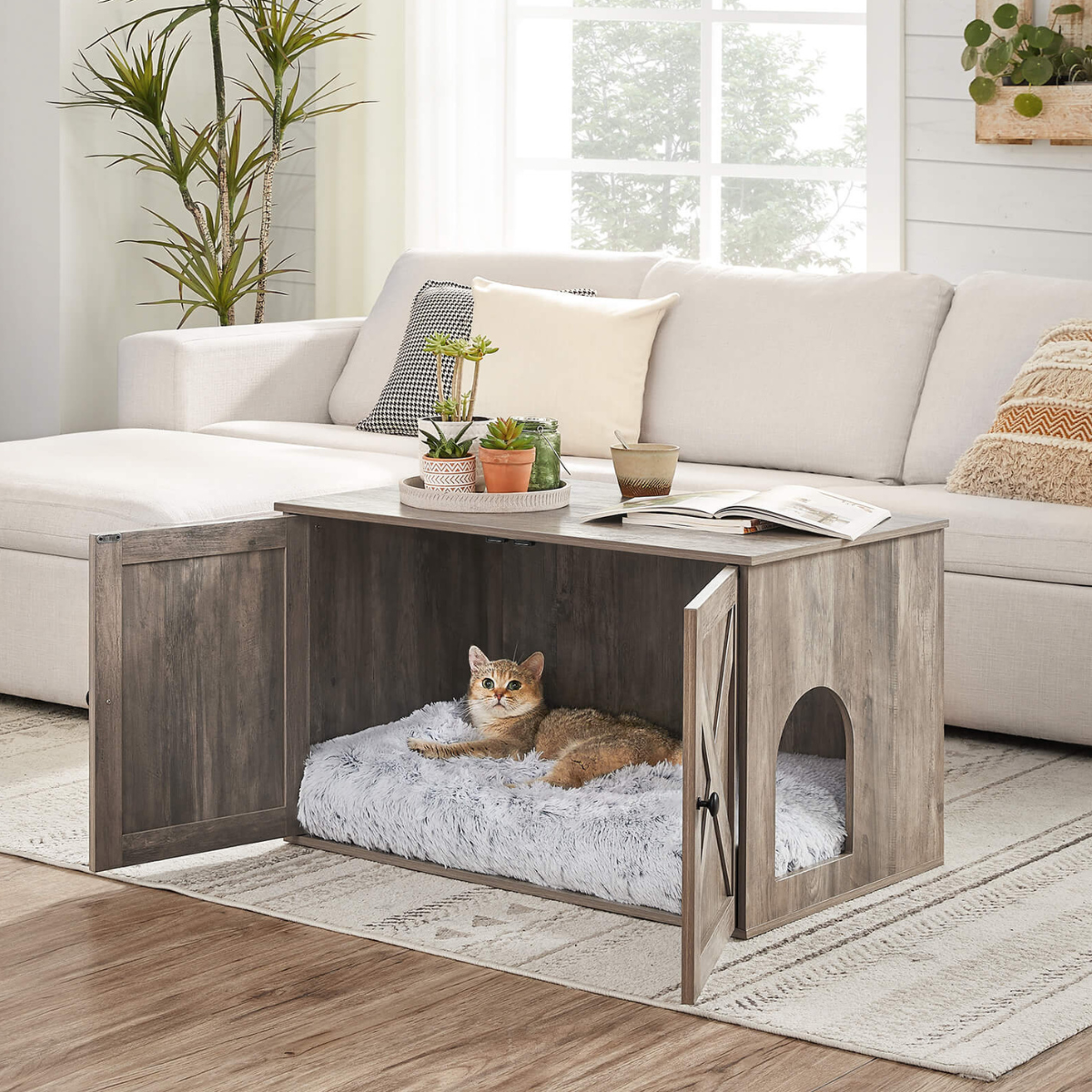 Feandrea kattstuga, kattlåda med avtagbar skiljevägg, bordsmodell, 80 x 53 x 50 cm, gråbeige