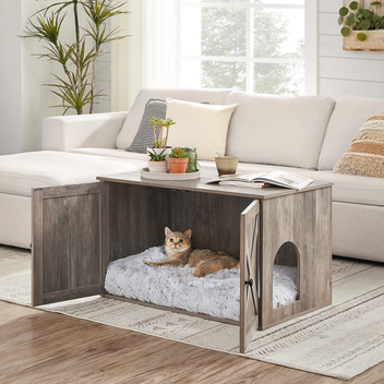 Feandrea kattstuga, kattlåda med avtagbar skiljevägg, bordsmodell, 80 x 53 x 50 cm, gråbeige