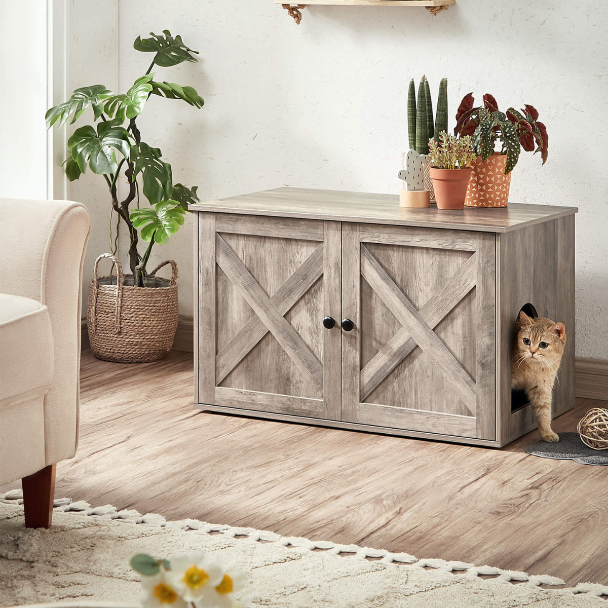 Feandrea kattstuga, kattlåda med avtagbar skiljevägg, bordsmodell, 80 x 53 x 50 cm, gråbeige