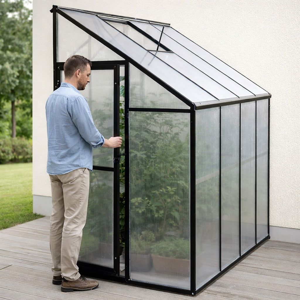 Seinäkasvihuone 242 x 122 x 195 cm – 4 mm polykarbonaatti, 1 mm alumiinirunko, musta