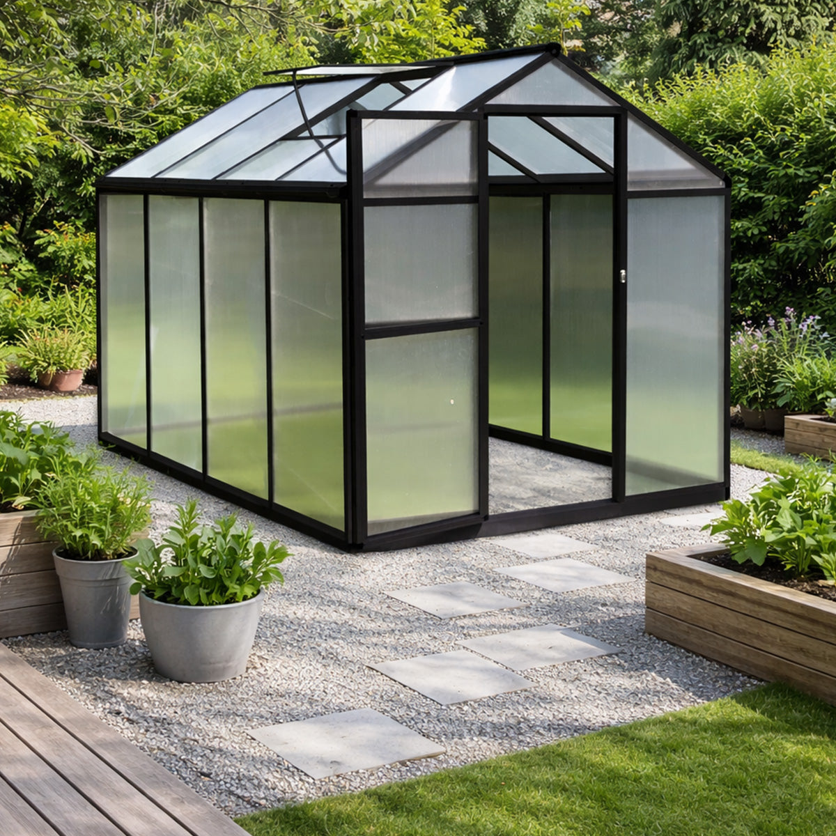 Pohjola Garden Kasvihuone 4,6m²: Tukeva Runko, Paksut Paneelit, Sokkeli & Rännit - Helppo Koota Musta