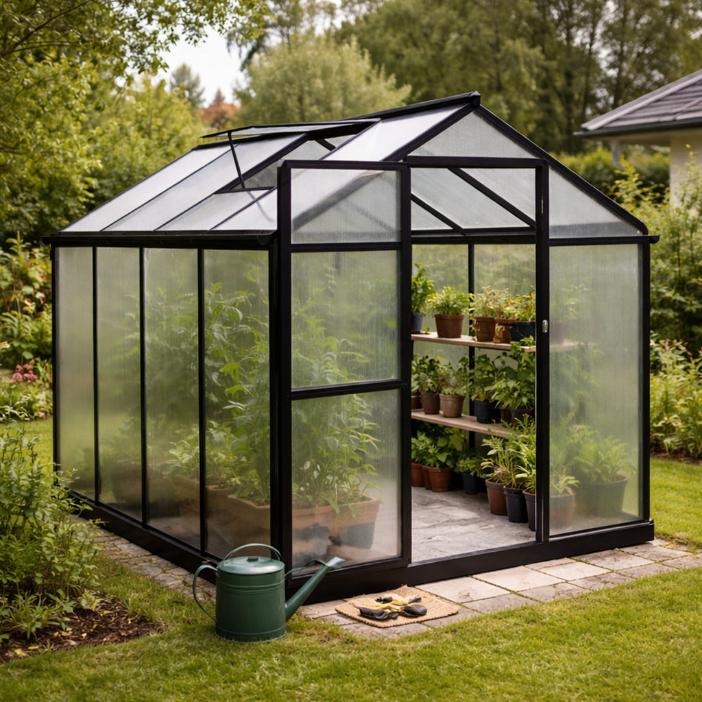 Växthus 4,6 m² – 4 mm cellplåt, sockel, aluminiumram