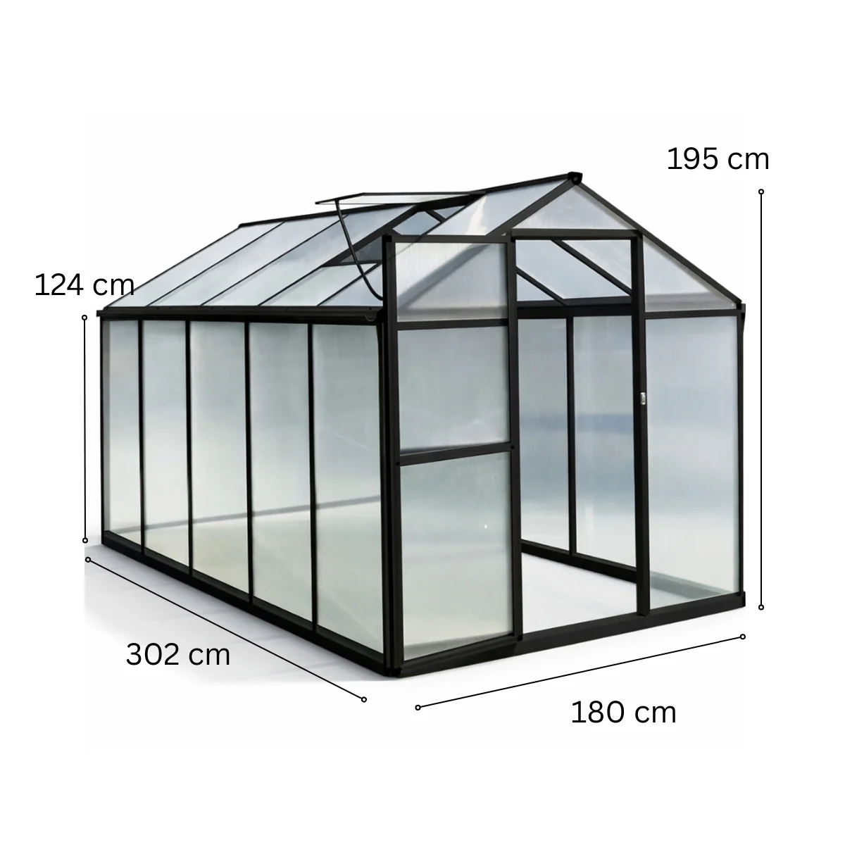 Hybridikasvihuone 5,4 m² – 302 x 190 x 195 cm, polykarbonaattikatto, musta