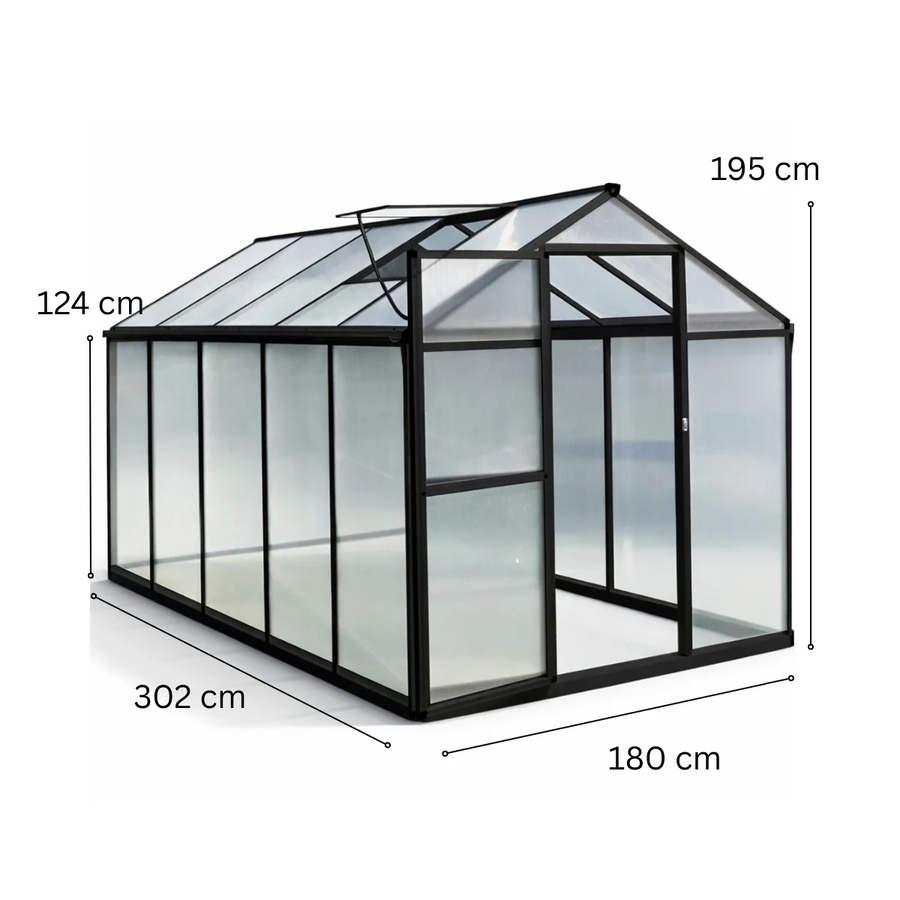 Hybridikasvihuone 5,4 m² – 302 x 190 x 195 cm, polykarbonaattikatto, musta