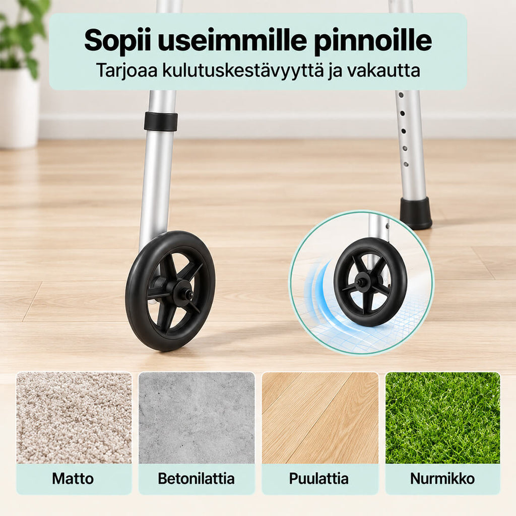 Kävelytuki Pyörillä Varma – säädettävä korkeus 77–95 cm, taitettava, Hopea