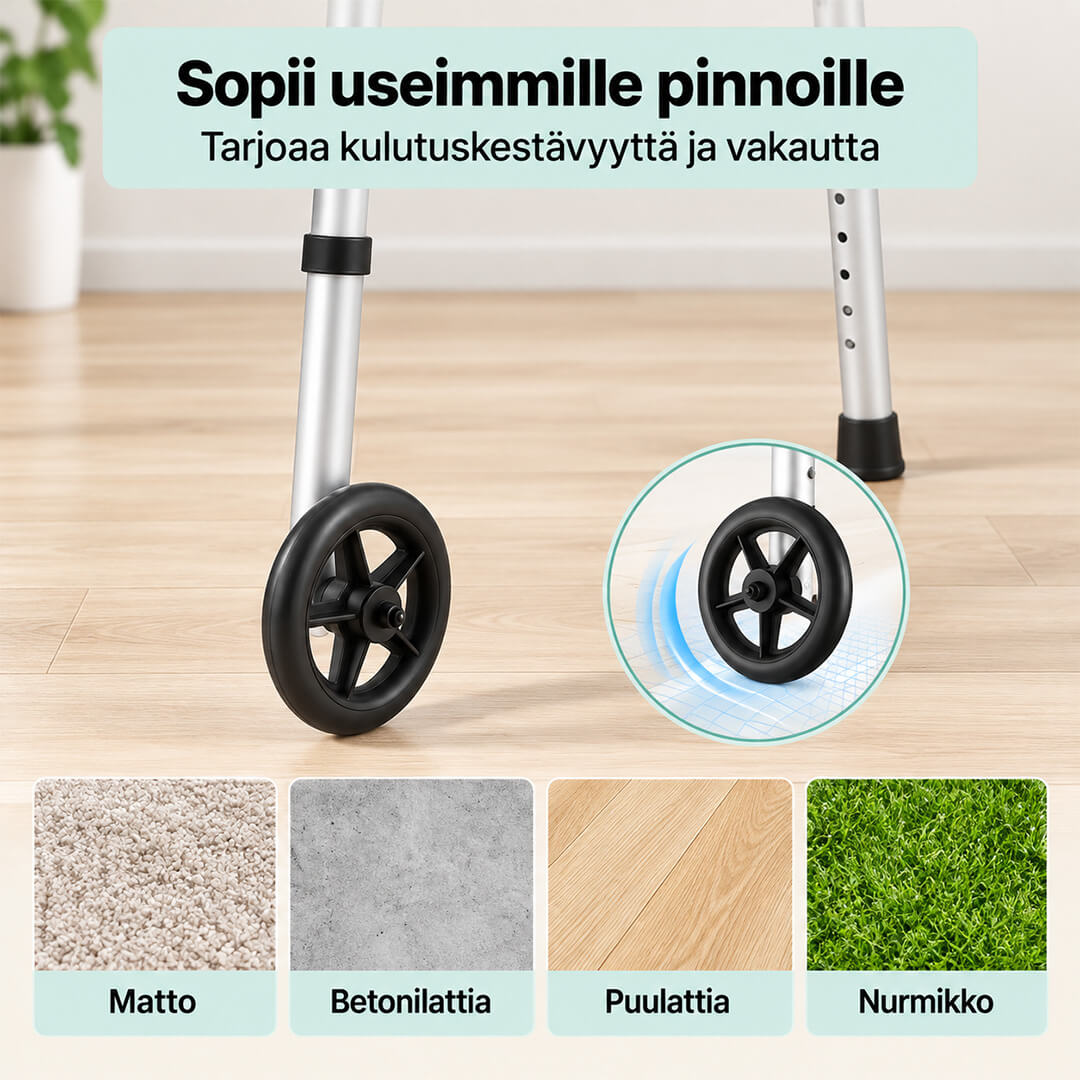 Kävelytuki Pyörillä Varma – säädettävä korkeus 77–95 cm, taitettava, Hopea