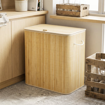 Pullonkeräysastia bambua kannella, 2 x 75 l pussit, yhteensä 150 l, luonnonpuu/beige