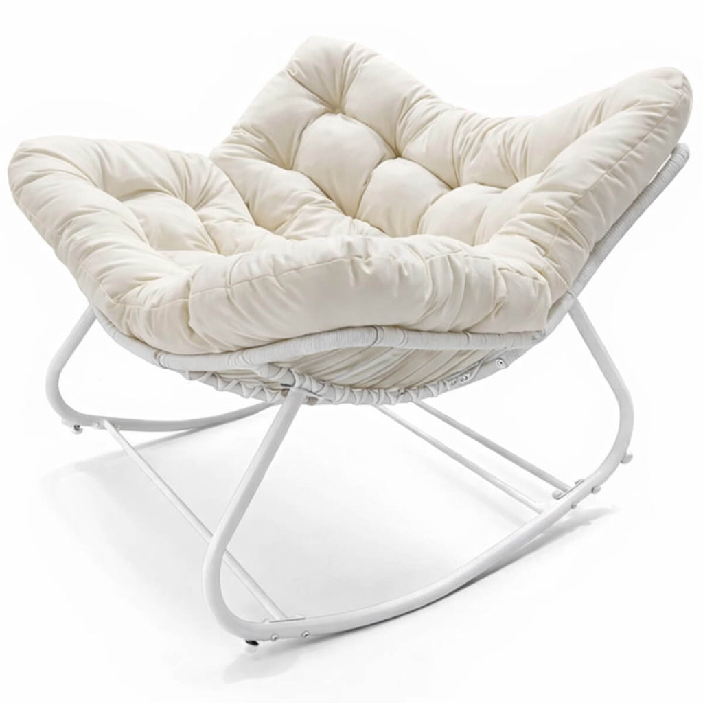 Keinutuoli 100 x 100 x 78 cm – polyrottinki, 12 cm pehmuste, teräsrunko, valkoinen/beige