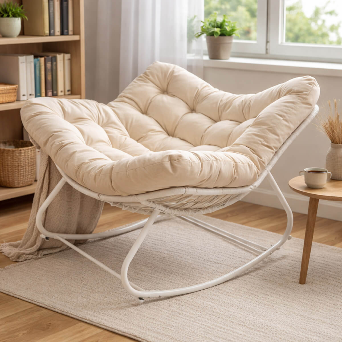 Keinutuoli 100 x 100 x 78 cm – polyrottinki, 12 cm pehmuste, teräsrunko, valkoinen/beige