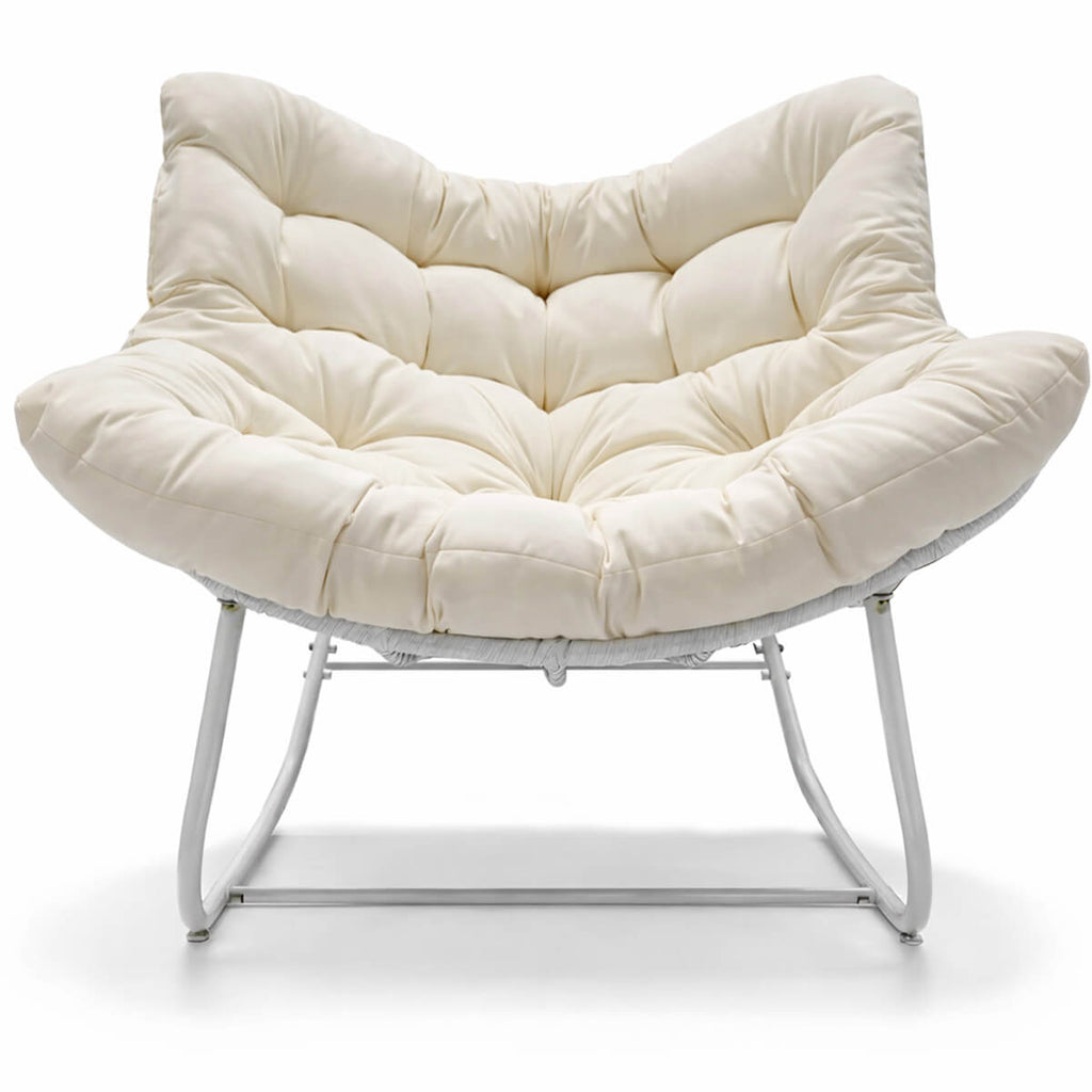 Keinutuoli 100 x 100 x 78 cm – polyrottinki, 12 cm pehmuste, teräsrunko, valkoinen/beige