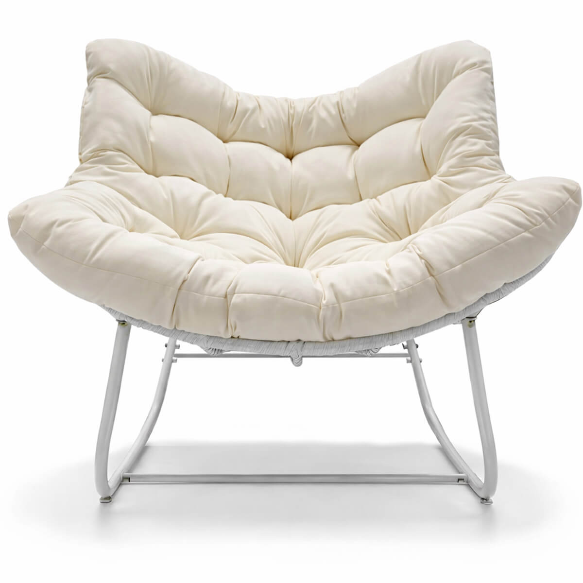 Keinutuoli 100 x 100 x 78 cm – polyrottinki, 12 cm pehmuste, teräsrunko, valkoinen/beige