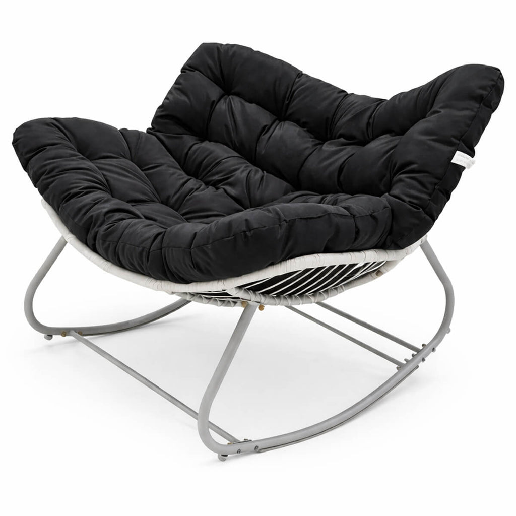 Keinutuoli 100 x 100 x 78 cm – polyrottinki, 12 cm pehmuste, teräsrunko, valkoinen/harmaa