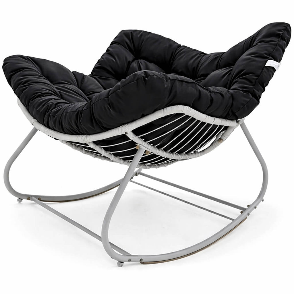 Keinutuoli 100 x 100 x 78 cm – polyrottinki, 12 cm pehmuste, teräsrunko, valkoinen/harmaa